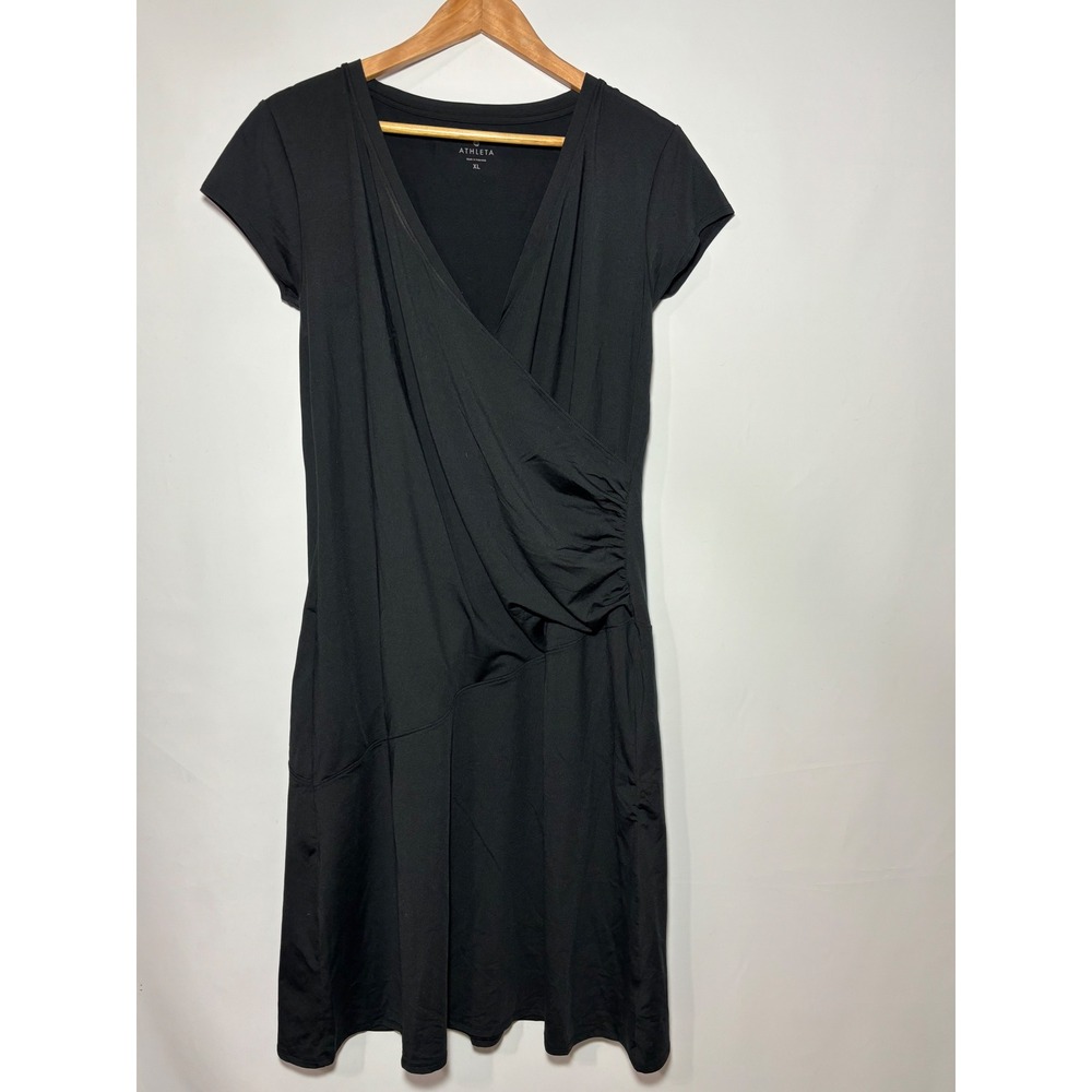 Athleta Black Nectar Faux Wrap Front Ruched‎ Short Sleeve Midi Dress Womens XL